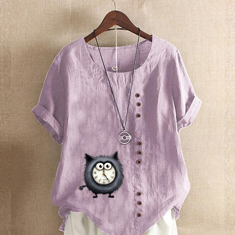 Women's Fashion Alarm Clock Cat Prined Short Sleeve T-shirt Loose Cotton Shirt Casual Loose Summer Blouse Tops Plus Size