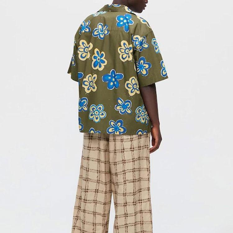 Uniqlo X Marni Коллаборация Весна-Лето 2022 Рубашка Свободная Короткий Рукав Цветочный Принт Мужские рубашки Темно-Оливковый 449637-57