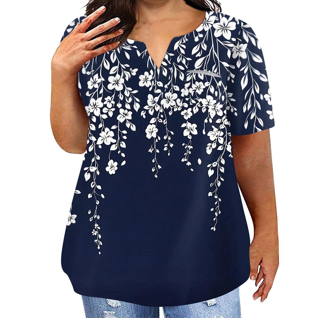 Женская футболка большого размера, повседневный топ с карманами и V-образным вырезом с короткими рукавами