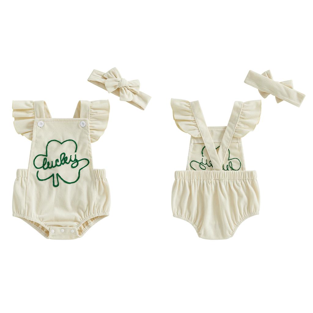 Baby Girls Rompers Ireland Clothes Letter Clover Embroidery Corduroy Ruffles Sleeveless Spring Bodysuits Jumpsuits with Headband