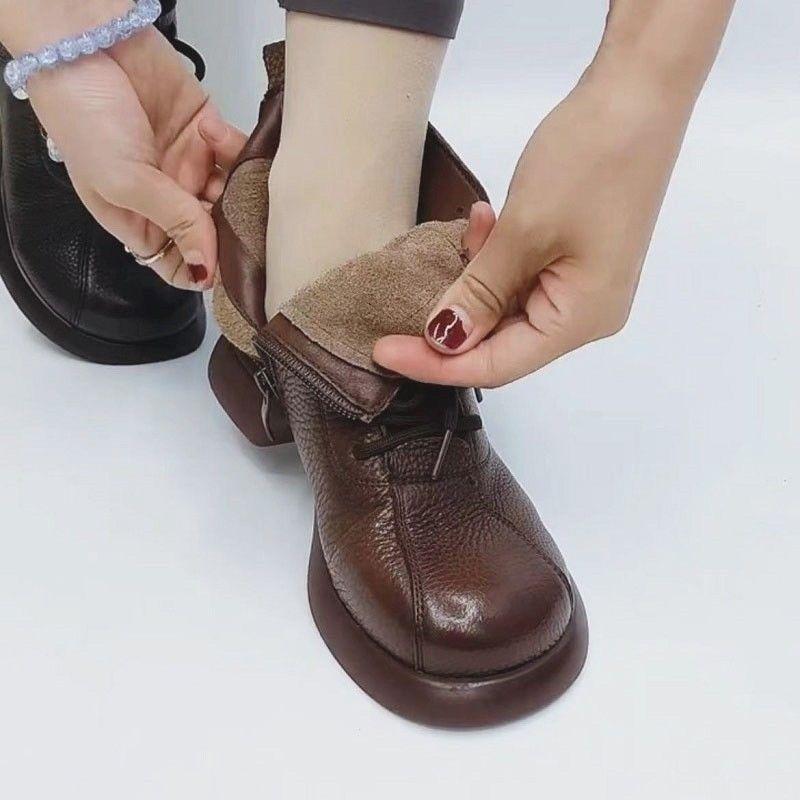 Vintage Short Boots Women's Round Head Thick Bottom Front Lace Up Medium Thick Heel Fashion Solid Color Women's Boots