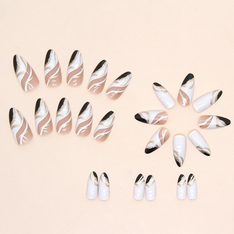 24 Pcs Sweet and Cool European and American Ins Style Black and White Mandarin Duck Color Almond Nail Fashion Nail Art