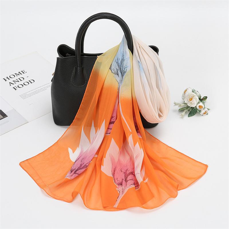 Scarves Natural Style Spring and Autumn Printed Flowers and Birds Rectangle Sun Protection Chiffon Scarf
