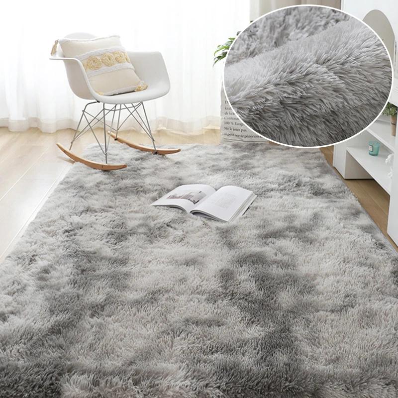 Rainbow Fluffy Carpet Tie-dye Plush Rug Gradient Silk Wool Bedside Rug Non-Slip Mat Soft Plush Area Carpet Room Decoration
