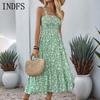 INDFS Женская мода Лето Весна Цветочный принт Без рукавов Бретели С высокой талией Повседневные платья