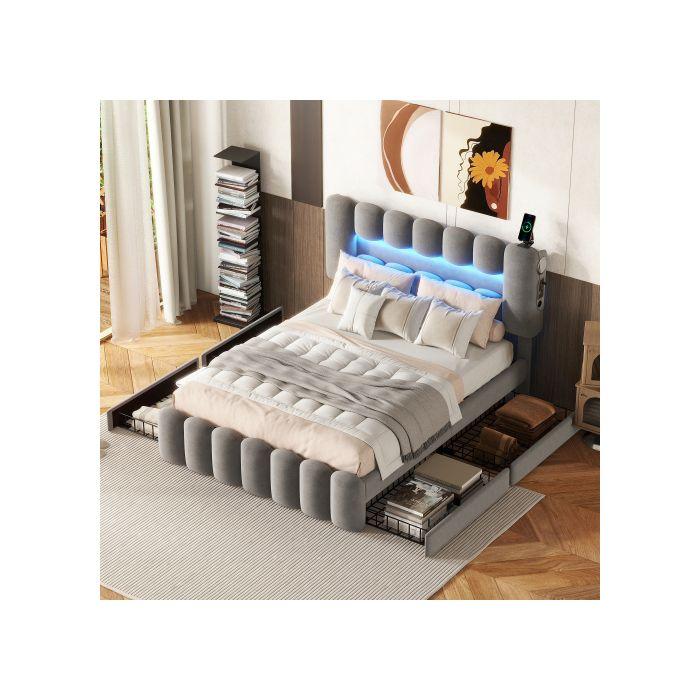 Lit rembourré - MUVOE - 140x200 cm - 4 tiroirs - USB - LED stéréo - Gris