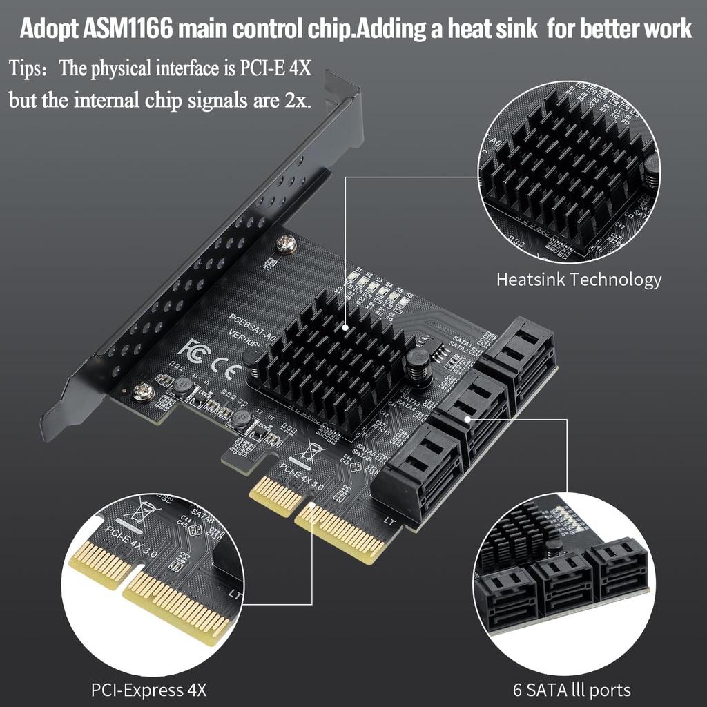 The YABOANG PCI-E X4 6-Port SATA 3.0 Expansion Card for Desktop PCs allows you to free up your system disk drive. The expansion card features a