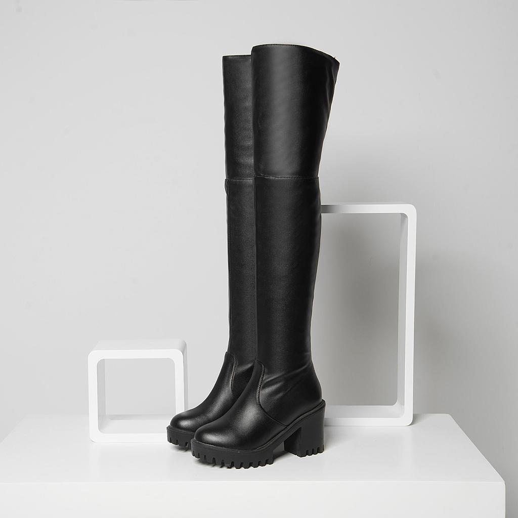 Q/Женские ботинки на высоком каблуке, осенние и зимние новые однотонные мотоциклетные ботинки большого размера