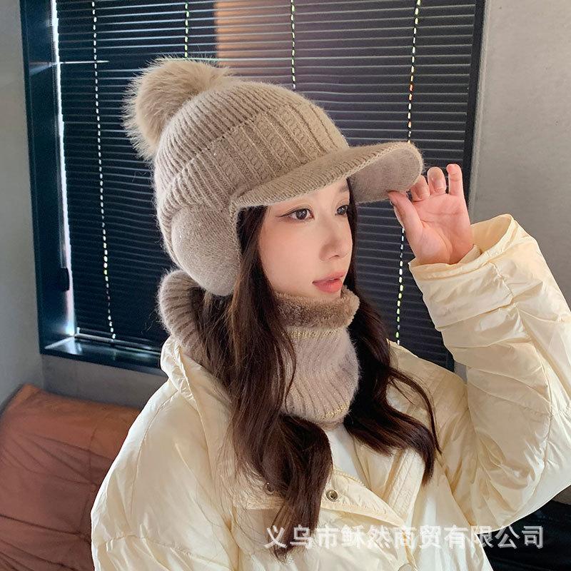 Hat autumn and winter new cold-proof knitted hat scarf set women's cycling thickened ear protectors warm wool hat