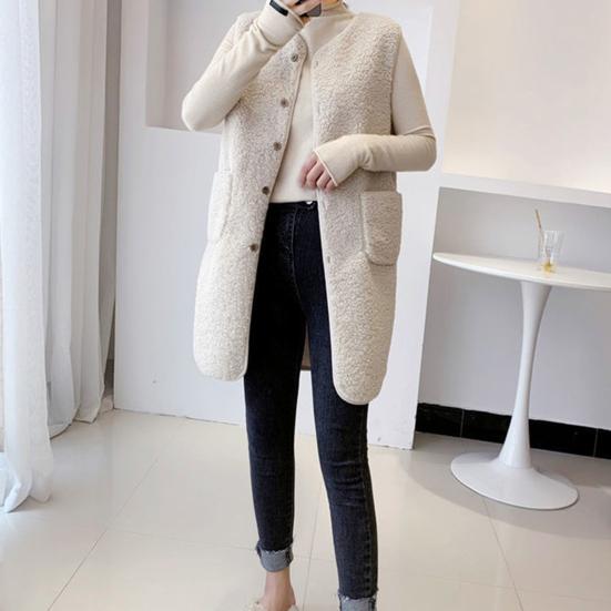 Fall Winter Women Vest Coat Round Neck Loose Mid Length Sleeveless Single-breasted Pockets Cardigan Warm Thick Outwear Waistcoat