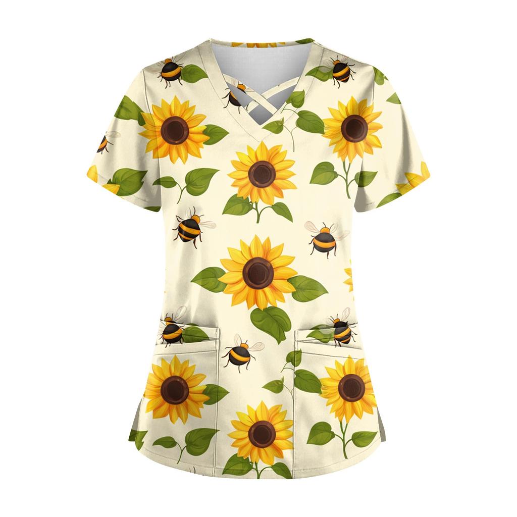 Women's Short Sleeve Stagger V Neck Print Pocket Dry-nurse Top