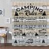 Camper RV Shower Curtain for Travel Trailer Bathroom, Farmhouse Camping Rules Quote Small Narrow Shorter Fabric Shower Curtains Set, Happy Camp