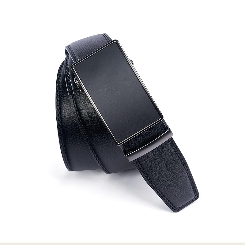 [PlusZis] 28 дюймов ~ 68 дюймов мужской кожаный ремень с застежкой-храповиком для больших и высоких людей с автоматической пряжкой, базовый черный с оружейным краем - черный. , Талия:28"-71"