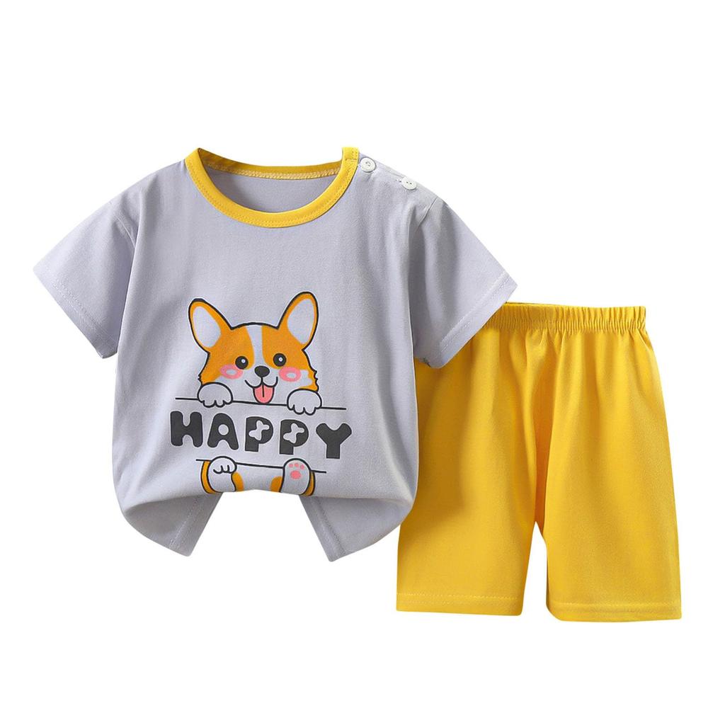 Короткие комплекты для мальчиков и девочек, милый динозавр с цветочным принтом, топы с короткими рукавами, короткие штаны с круглым вырезом, комплекты из двух предметов, одежда для детей