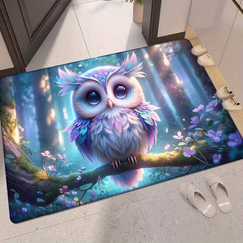 Colorful Owl Flannel Door Mat Carpet, Non-Slip Cute Neon Design for Living Room Kitchen Entrance Office Decor, Floor Mat Gift