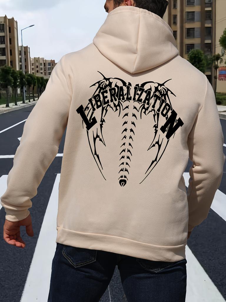 Мужская толстовка с капюшоном с рисунками скелета позвоночника и племенных крыльев - Слоган "ЛИБЕРАЛИЗАЦИЯ" Уличная мода