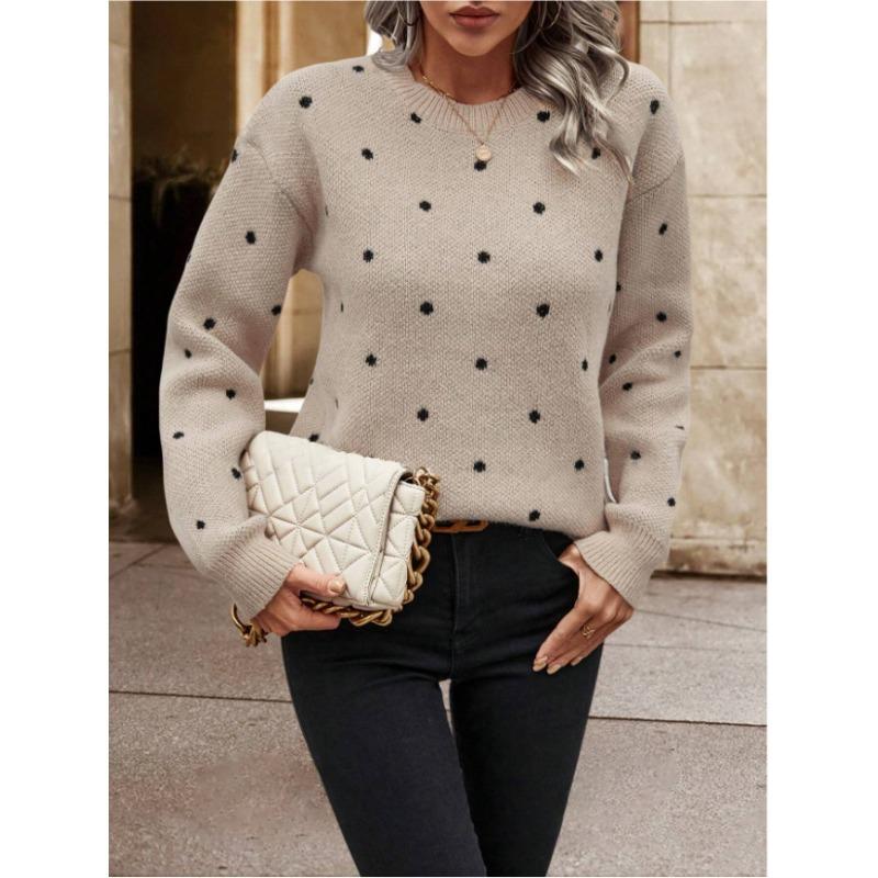 Women S Long Sleeve Crew Neck Pullover Sweater Polka Dot Jacquard Knit