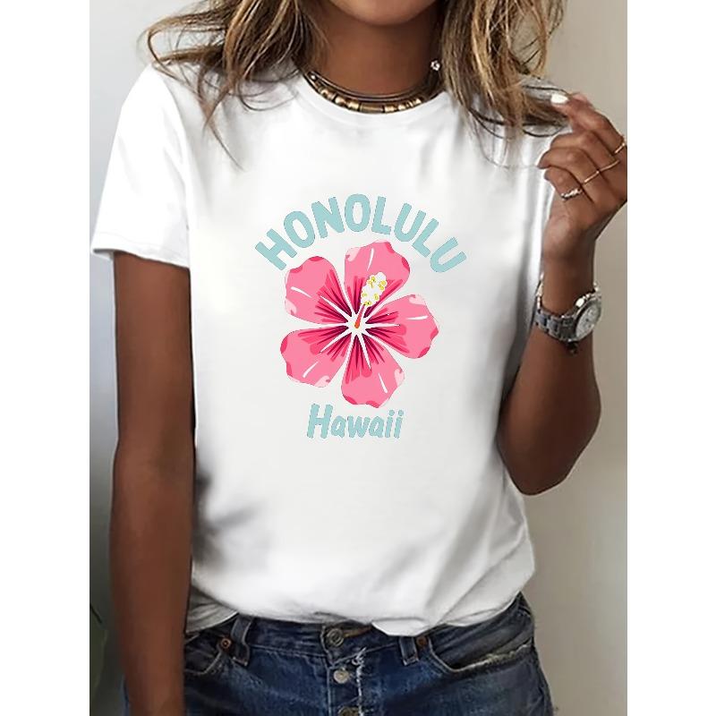 Casual Short-Sleeve Crew Neck T-Shirt Featuring A Hibiscus Flower Print, Perfect for Summer and Spring, Designed for Women in Honolulu, Hawaii