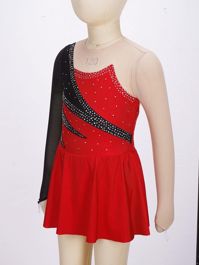 Платье для катания на коньках для девочек с длинным рукавом, круглым вырезом, контрастными стразами, открытой спиной, танцевальный костюм