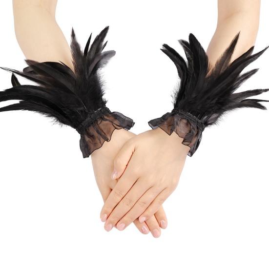 Women's Feather Wrist Cuffs Gothic Feather Fingerless Gloves Wristband Mesh Cuff for Halloween Cosplay Costume Accessories