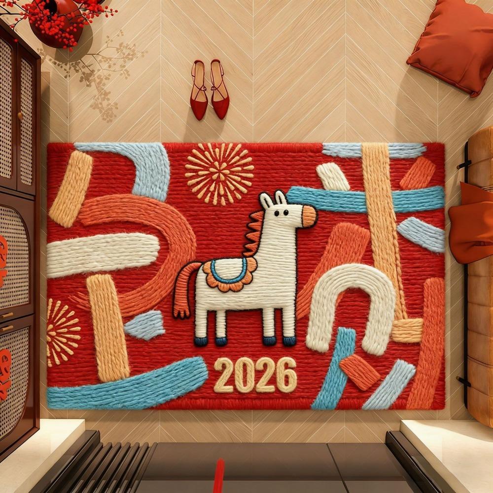Red Year of The Horse Floor Mat Non-slip Soft Pony New Year Door Mat Water Absorption Blessing Words Doormat Rugs