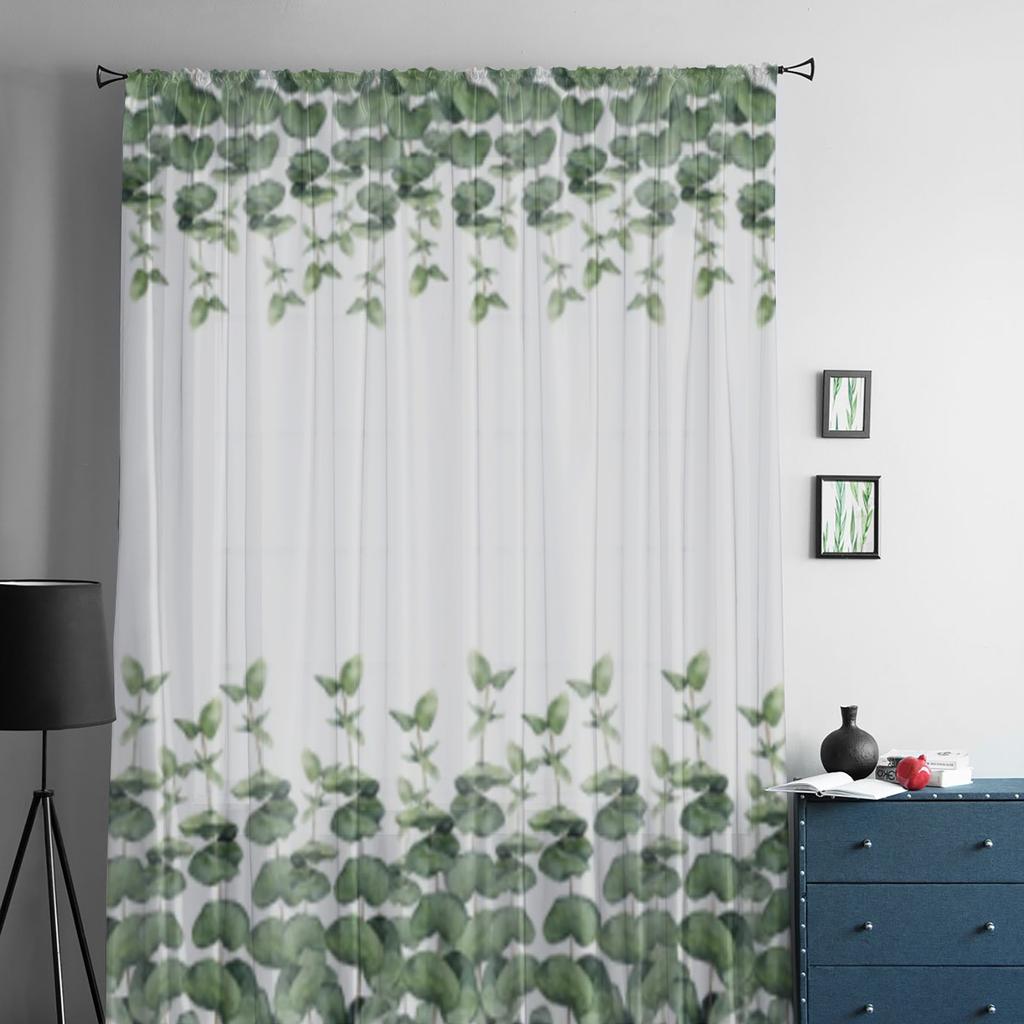 Акварель с ветвями эвкалипта Прозрачная занавеска для гостиной Современная вуаль Тюль Оконные занавески для спальни Кухонные шторы