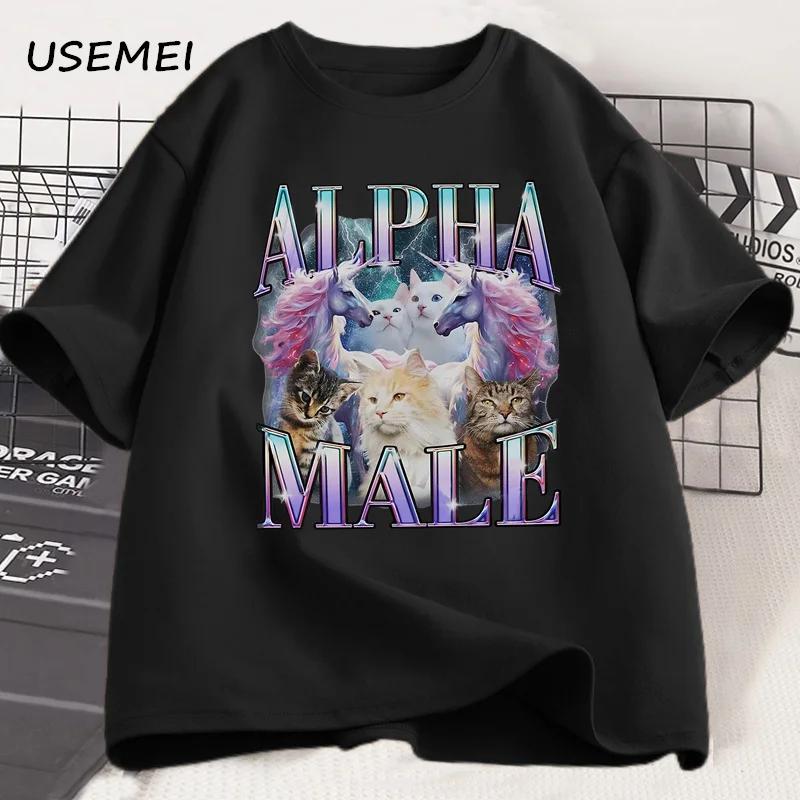 Alpha Male Unicorn Cat TShirt Unisex Ironic 90s Vintage Funny Rainbow Meme Tee Shirt Weird Cat T Shirt Casual Cotton Clothes