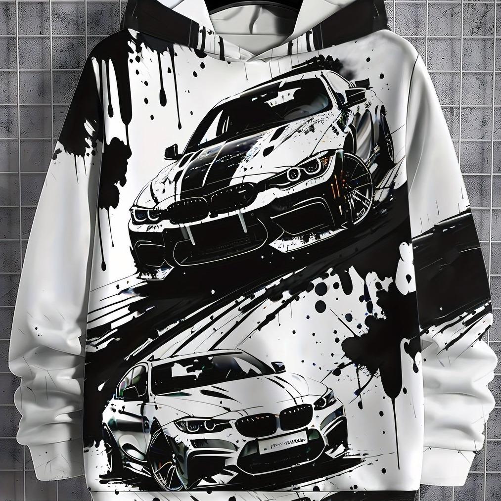 Boys' Casual Hoodie, Cool Car Print - Long Sleeves, Perfect Choice for Spring and Autumn Seasons, Loose Fit