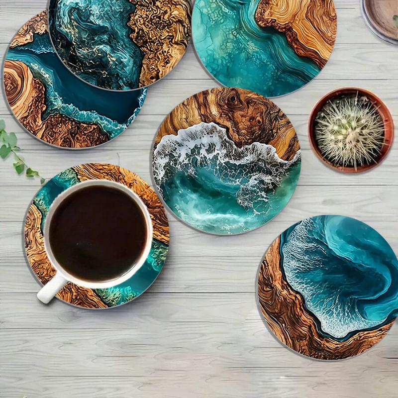 6Pcs Ocean Wave & Wood Grain Coasters Set Heat-Resistant Drink Coasters For Coffee/Tea Mugs, Beach Theme Home Decor