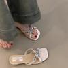 Square Head Medium Heel Shoes Women's Sandals Summer New Wear Cross Rhinestone Slippers Cool Slippers