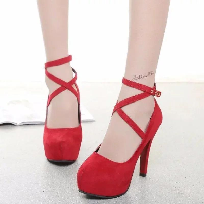 12CM High Heels Women New Round Toe Platform Women's Pumps Buckle Strap Sexy Stiletto High Women Shoes Zapatos De Mujer