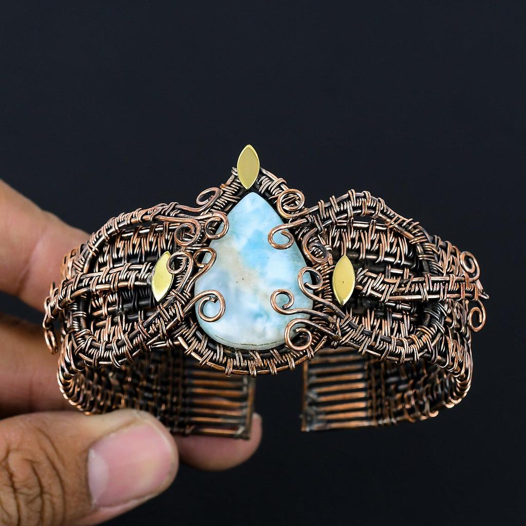 Beauteous Larimar Gemstone Handmade Copper Wire Wrap Jewelry Adjustable Bracelet For Women