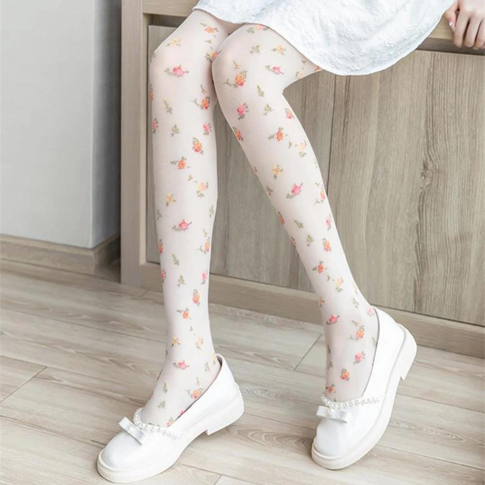 Колготки с цветочным принтом женские Лолита милые девушки бедра высокие чулки колготки женское нижнее белье сексуальные чулочно-носочные изделия женские колготки колготки