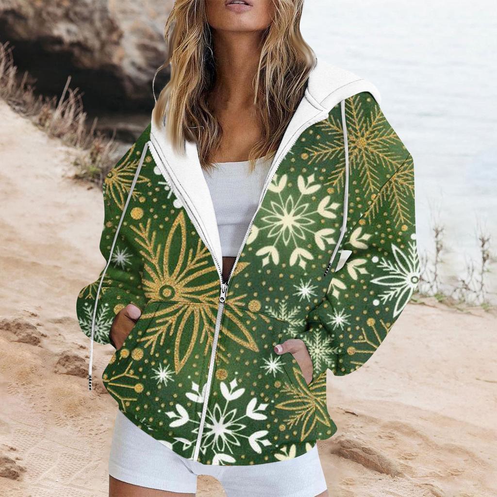 Женская мода повседневная рождественская печатная толстовка осень и зима длинный рукав с карманом кардиган куртка куртка с капюшоном пальто