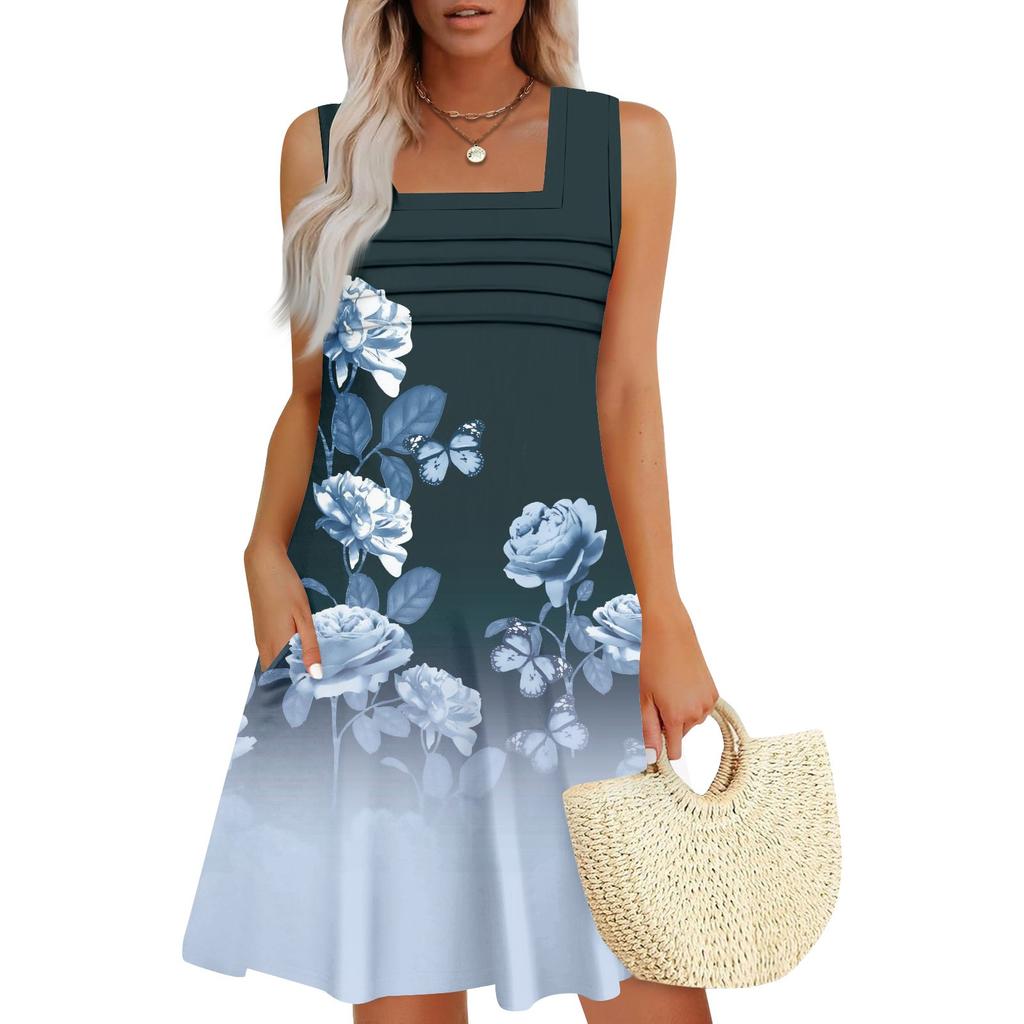 Women's Summer Casual Petal Slim Stripe Pleated Solid Color Dresses