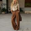 Casual Matching Sets Women Two Piece Set for Fall, V Neck Collared Shirt Anti Wrinkle Fall Outfits & Wide Leg Pants, Loose Fit Trousers Autumn