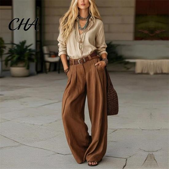 Casual Matching Sets Women Two Piece Set for Fall, V Neck Collared Shirt Anti Wrinkle Fall Outfits & Wide Leg Pants, Loose Fit Trousers Autumn