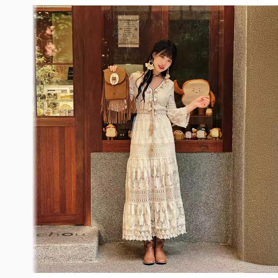 2024 Богемное платье с кисточками и кружевом, с высокой талией, абрикосового цвета - Стройнящий отпускной стиль