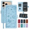 Retro Embossed Flower and Butterfly Phone Case for iPhone 17 16 15 Skin Feel PU Leather Card Slots Wallet Case with Wristband for Samsung S25 S24 S23