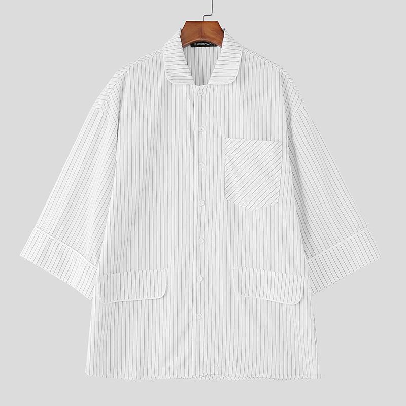 INCERUN Men Spring Lapel Neck 3/4 Sleeve Striped Shirts Casual Oversized Tops