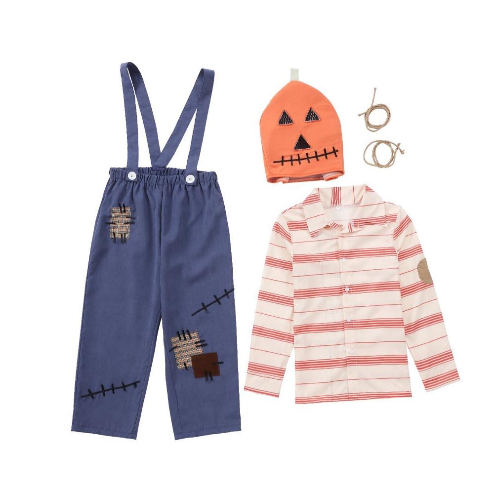 Adult Unisex Men Women Pumpkin Headgear Striped Shirt Patch Overalls Jumpsuit Sets Halloween Cosplay Costumes Party Outfit