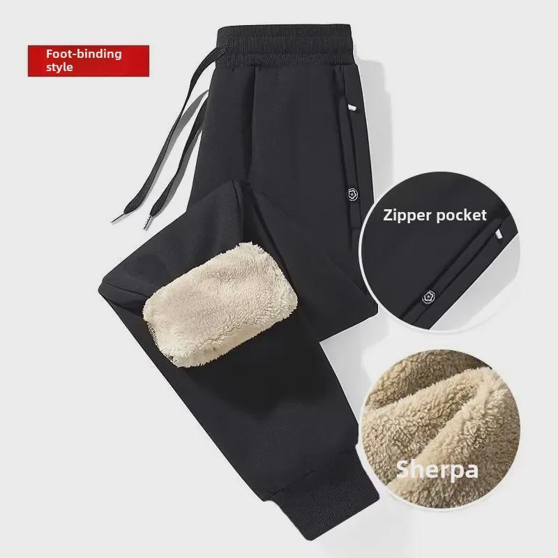 Мужские повседневные брюки из овчины - плотный бархат, карманы на молнии, свободный крой, теплые леггинсы для осени/зимы
