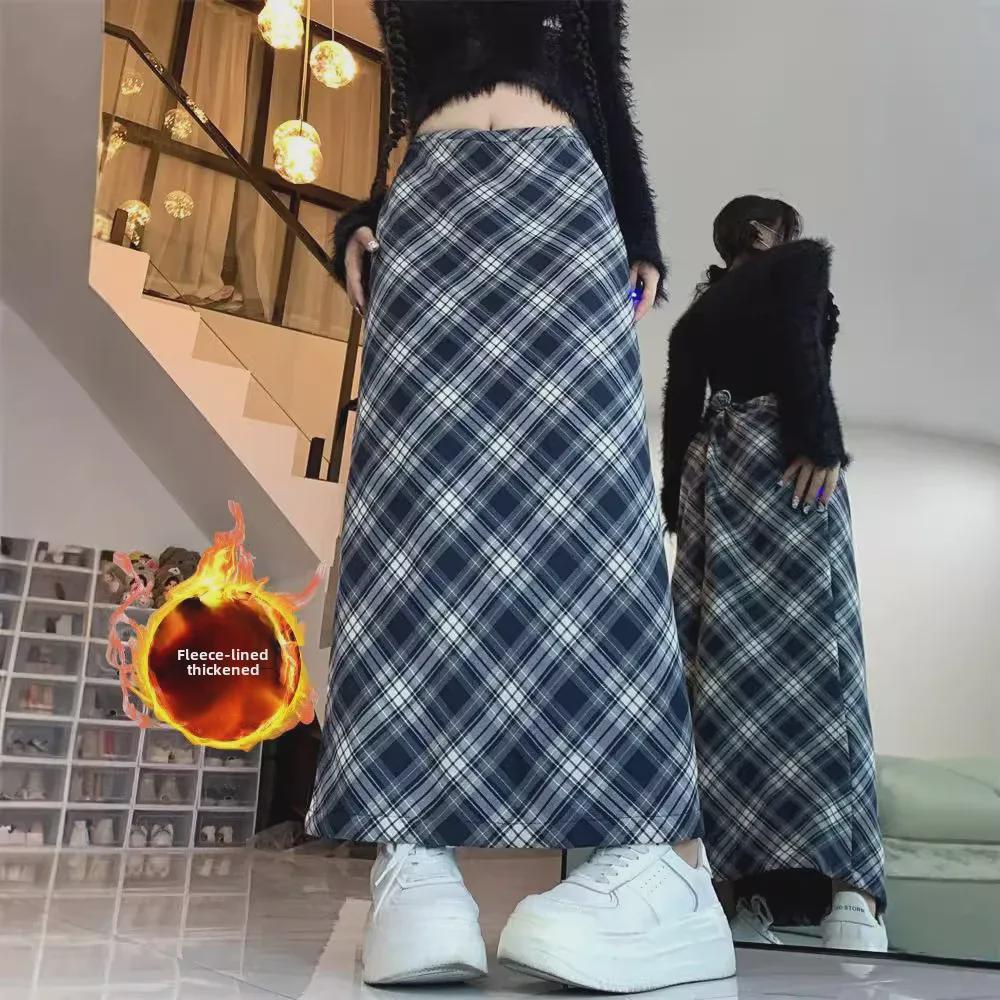 Синяя клетчатая бархатная юбка с высокой талией и тонкими краями для женщин - миниатюрная, с разрезом, осень/зима 2024 г.