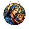 1pc 2d Flat Wood Christian Religion Mary Suncatcher, Translucent Stained Window Hanging, Round Wooden Sign- 20cm Porch, Wall, Home, Room, Cafe Holiday