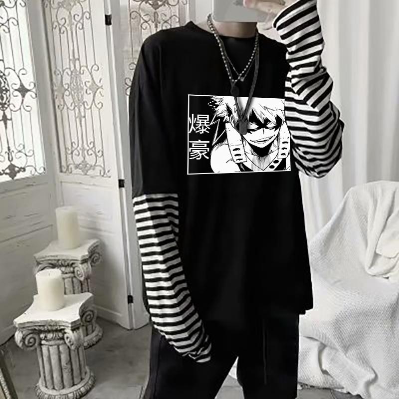 Футболка «My Hero Academia Bakugo Katsuki», летняя уличная одежда в стиле Харадзюку в стиле японского аниме, летние футболки из двух предметов с длинными рукавами и героями мультфильмов