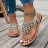 Fashion Bohemian String Bead Flat Sandals Women 2025 Summer Crystal Decor Clip Toe Beach Sandles Woman Plus Size Non Slip Sandalias 43