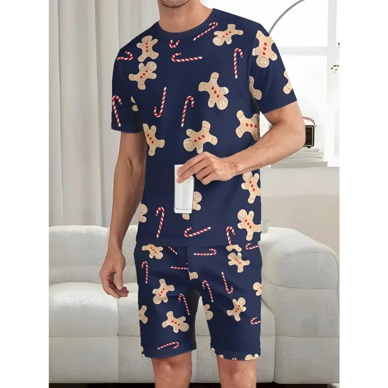 Летний мультяшный мелкий принт, модный свободный мужской повседневный удобный спортивный костюм-двойка с короткими рукавами