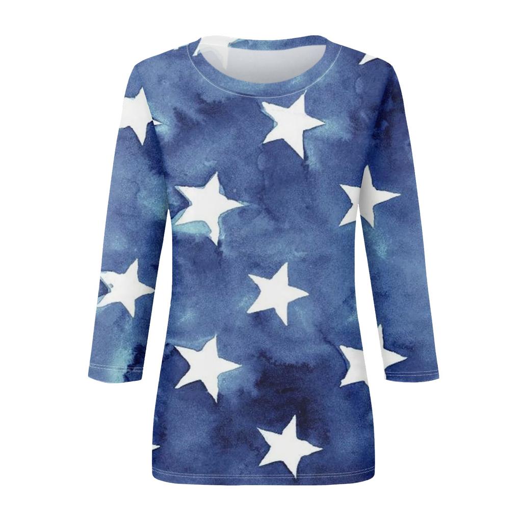 Women's Fashion Casual Round Neck 3/4 Sleeve Loose Independence Day Printed T-Shirt Ladies Top