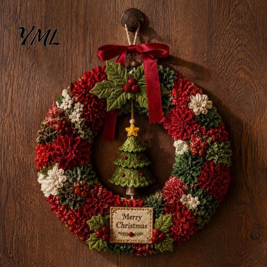 Christmas Poke Art Wreath DIY Kit, 3D Fabric Santa Snowman Elk Xmas Tree Set, Holiday Front Door Decor Crafts
