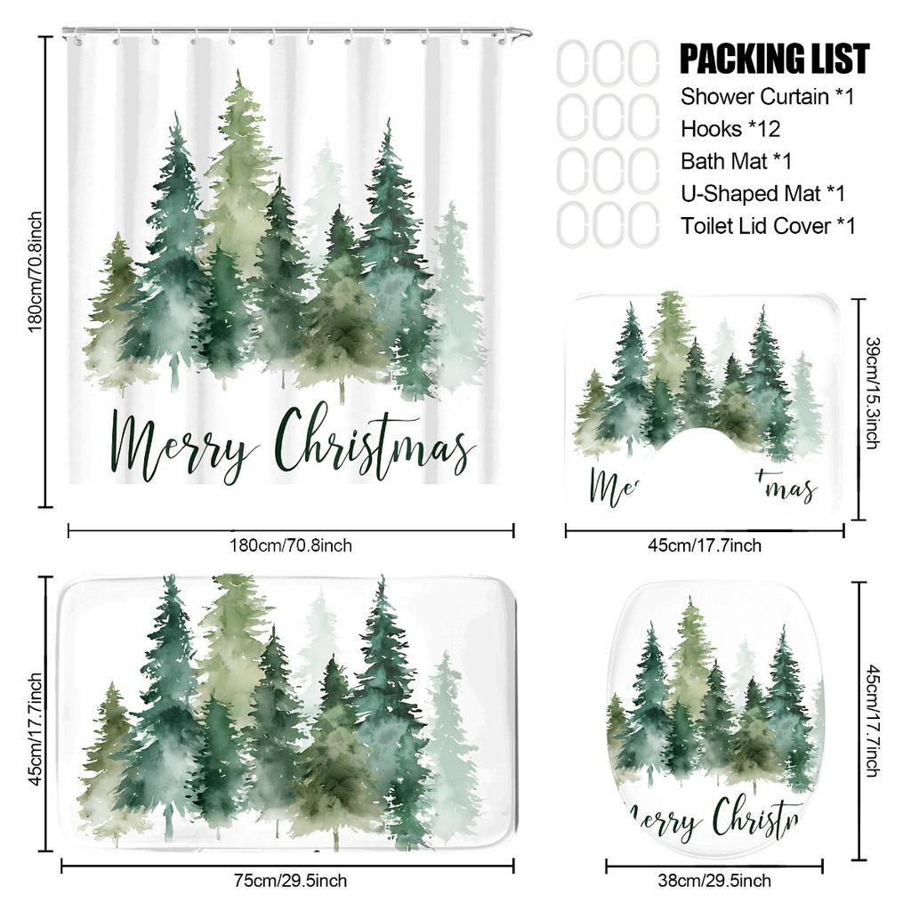 Набор из 4 предметов: Занавеска для душа для ванной комнаты с рисунком рождественских елок, Занавеска для ванной с 12 крючками, Нескользящие коврики, Коврик для крышки унитаза, Перегородка для ванной комнаты